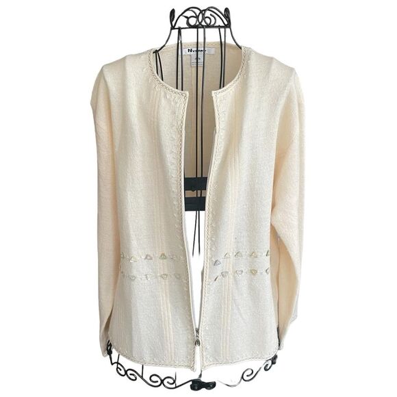 Nygard Collection Embellished Full Zip Boiled Wool Cream Cardigan Sweater Large - Picture 2 of 10